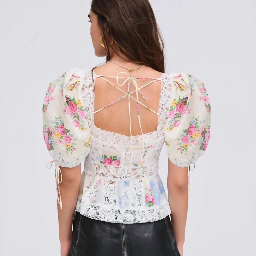 For Love & Lemons - Patchwork Violette Top Floral Lace-Up Puff Sleeve - Picture 2 of 8
